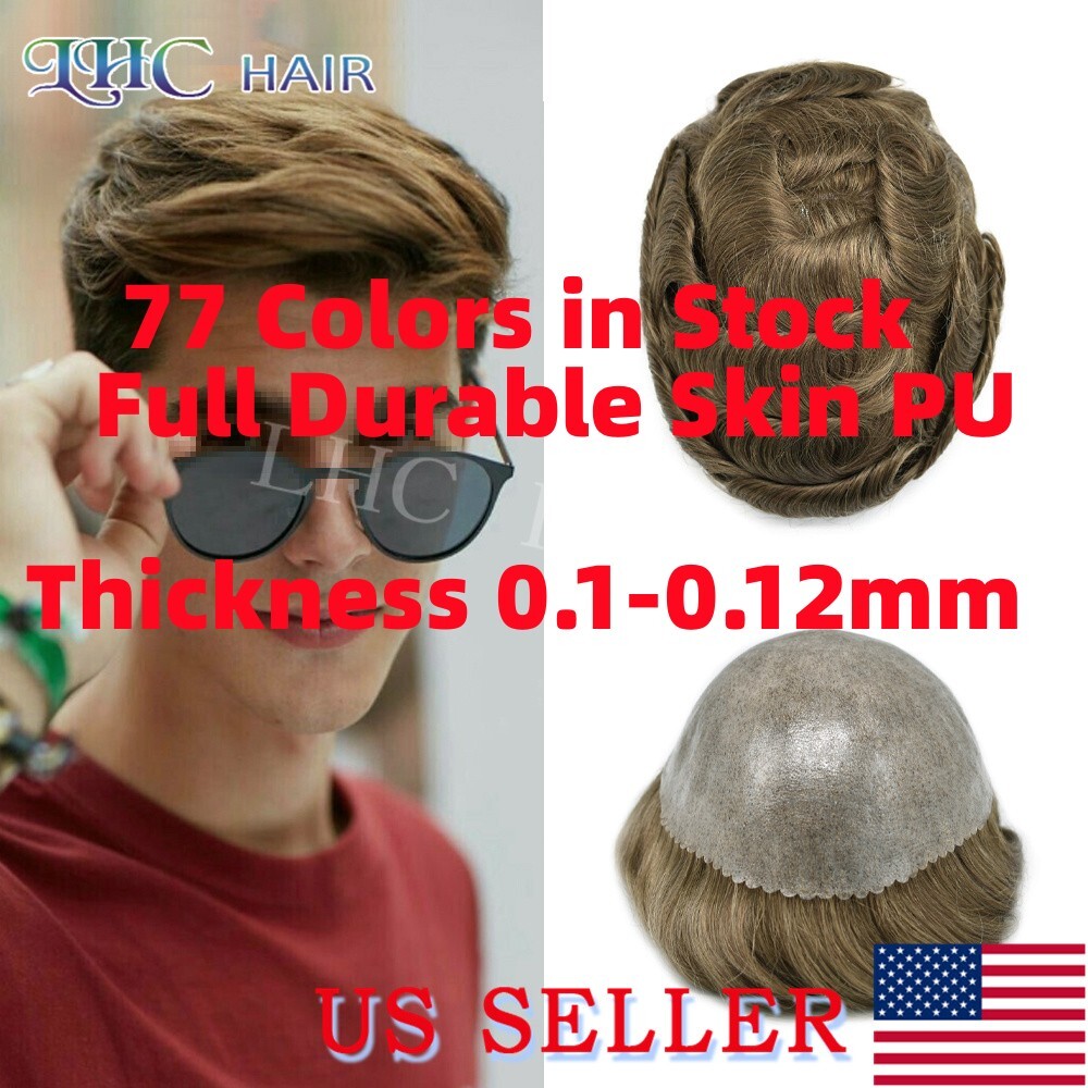 Full PU Mens Toupee Durable Thin Skin Human Hair Replacement System Wigs Units