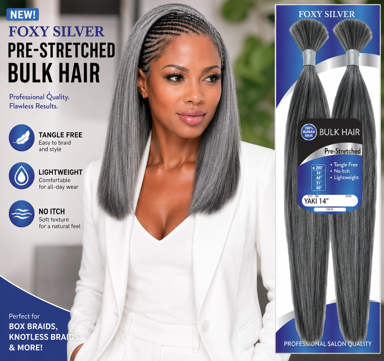 Foxy Silver Yaki Bulk, 100% Human Hair, 12″-18″, Natural, Tangle free hair
