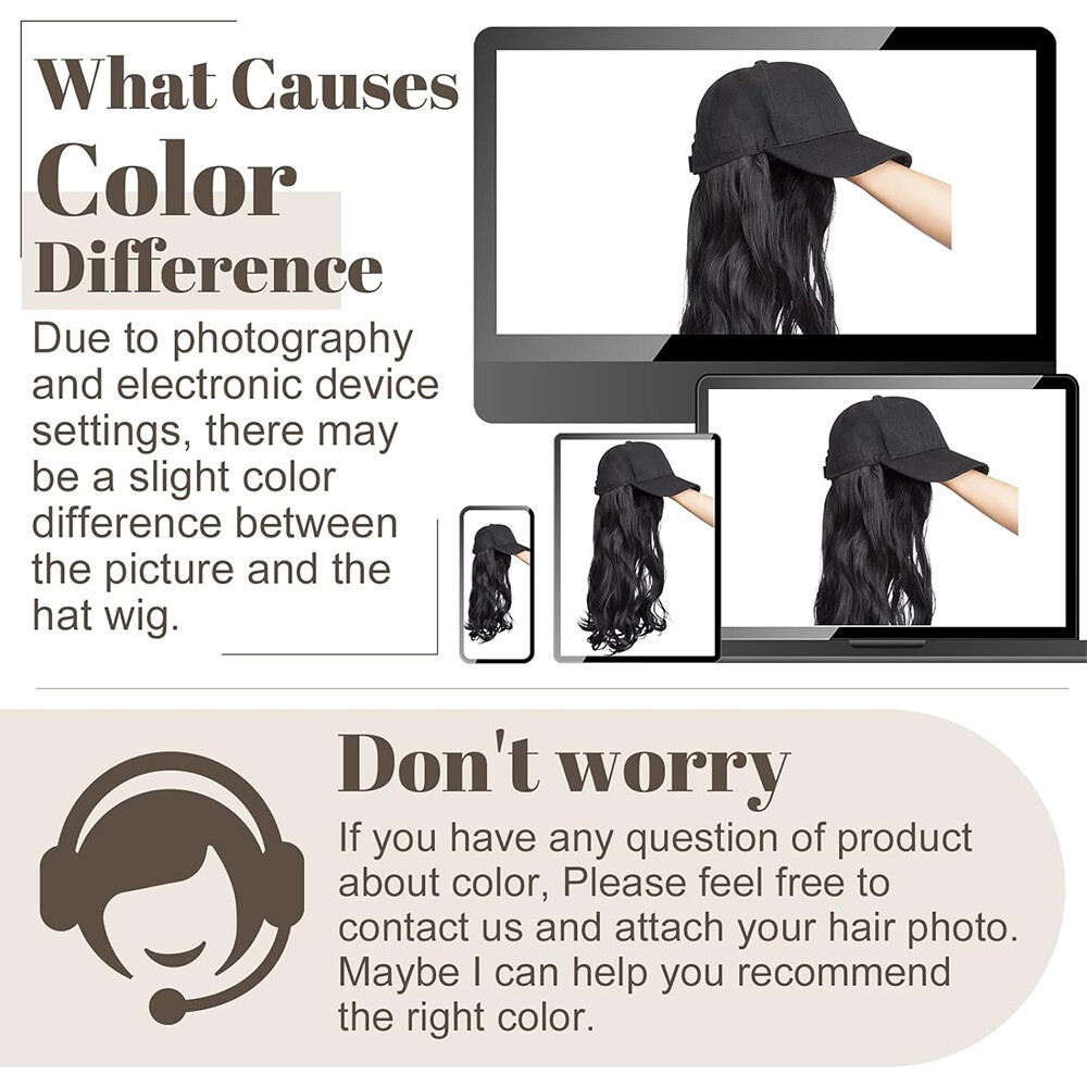 Baseball Hat Cap with Fake Hair Soft Long Wavy Hair Wigs Caps for Women 6″-18″