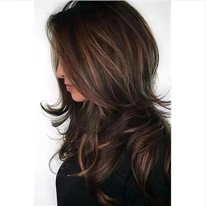 Real Human Hair New Fashion Women’s Layered Long Dark Brown Wavy Full Wigs 24 In