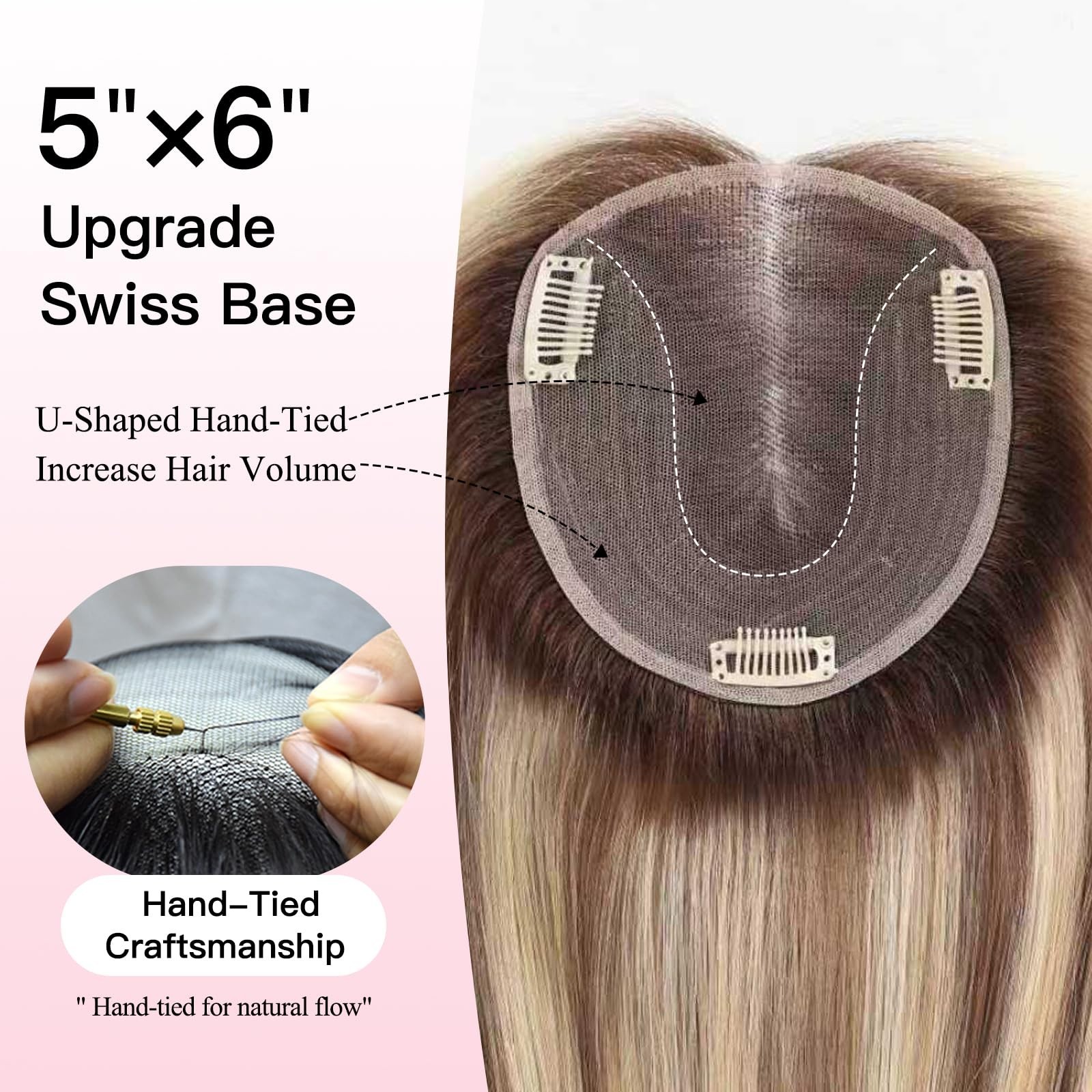 14″ Human Hair Topper for Women – Swiss Lace Base, Non-Slip Clips, Natural Look,