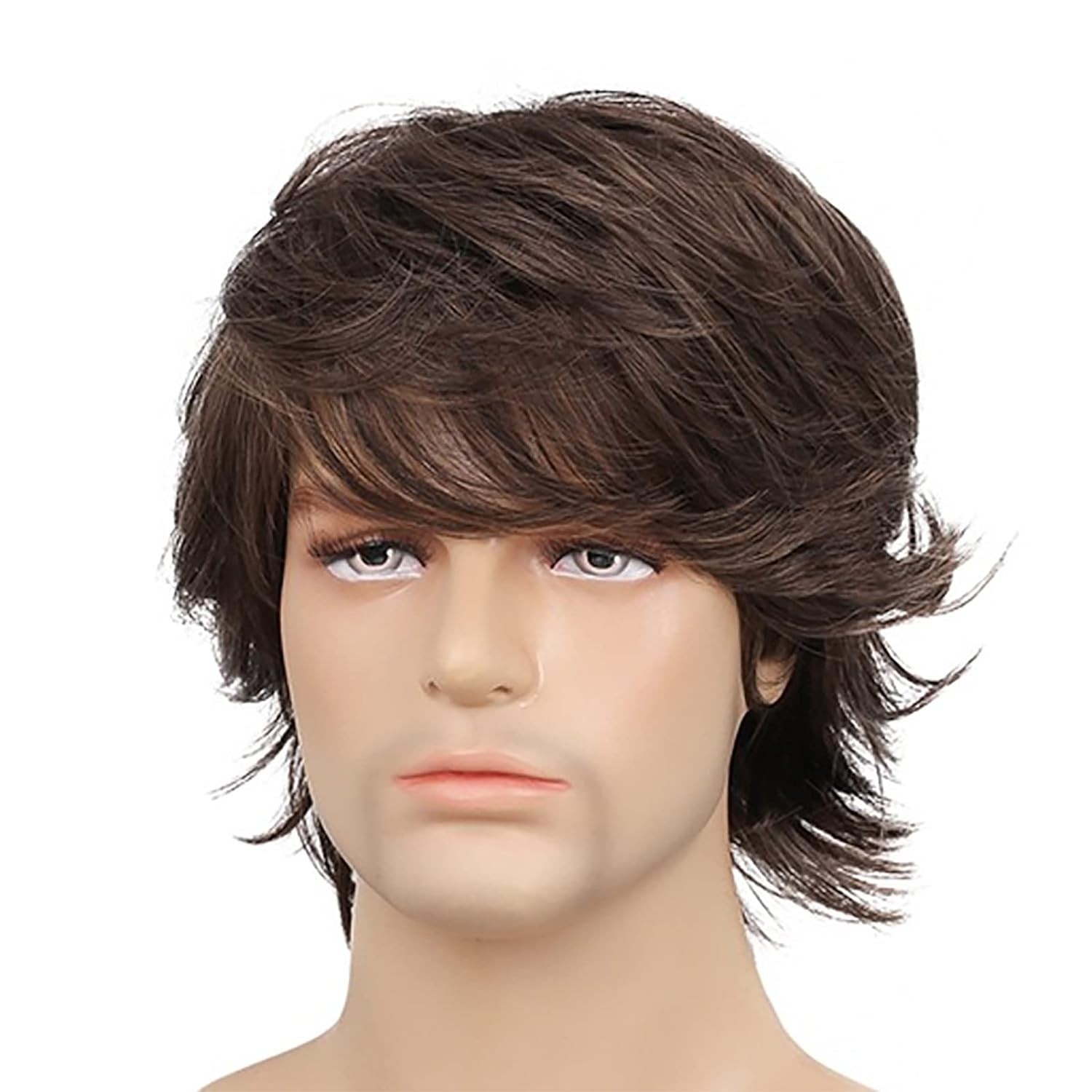 Mens Brown Wig Short Layered Natural Wavy Heat Resistant Synthetic Hair Wigs US