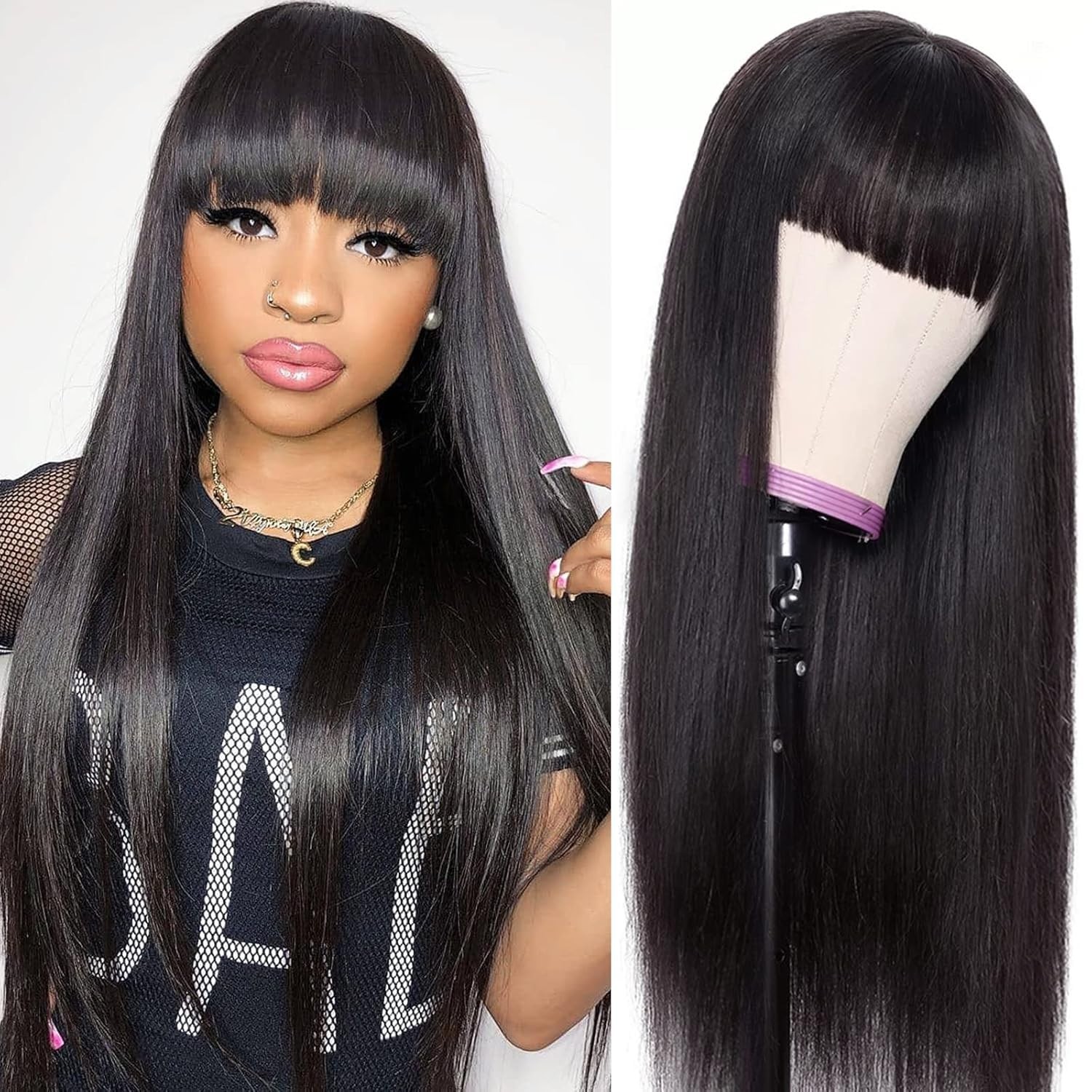 Straight Human Hair Wigs With Fringe For Women NO Lace Front Machine Made Wigs