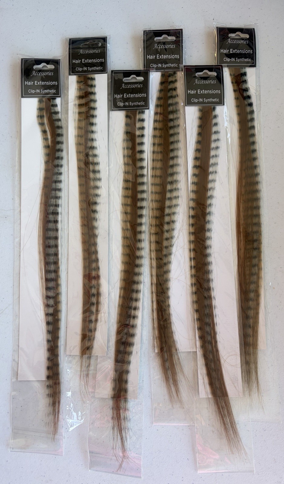 6 Packs CLIP IN FAUX SYNTHETIC FEATHERS 16″ HAIR EXTENSIONS Brown/Black/Tan NEW