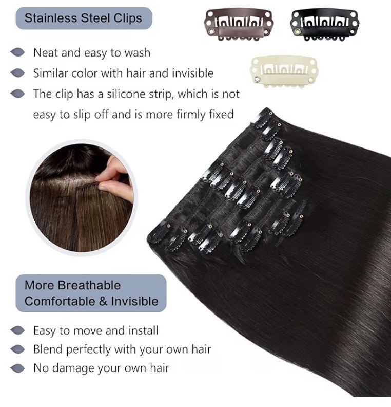 Sunya 18″ Double Weft Clip In Human Hair Extensions 1B Natural Black 8Pcs 120g