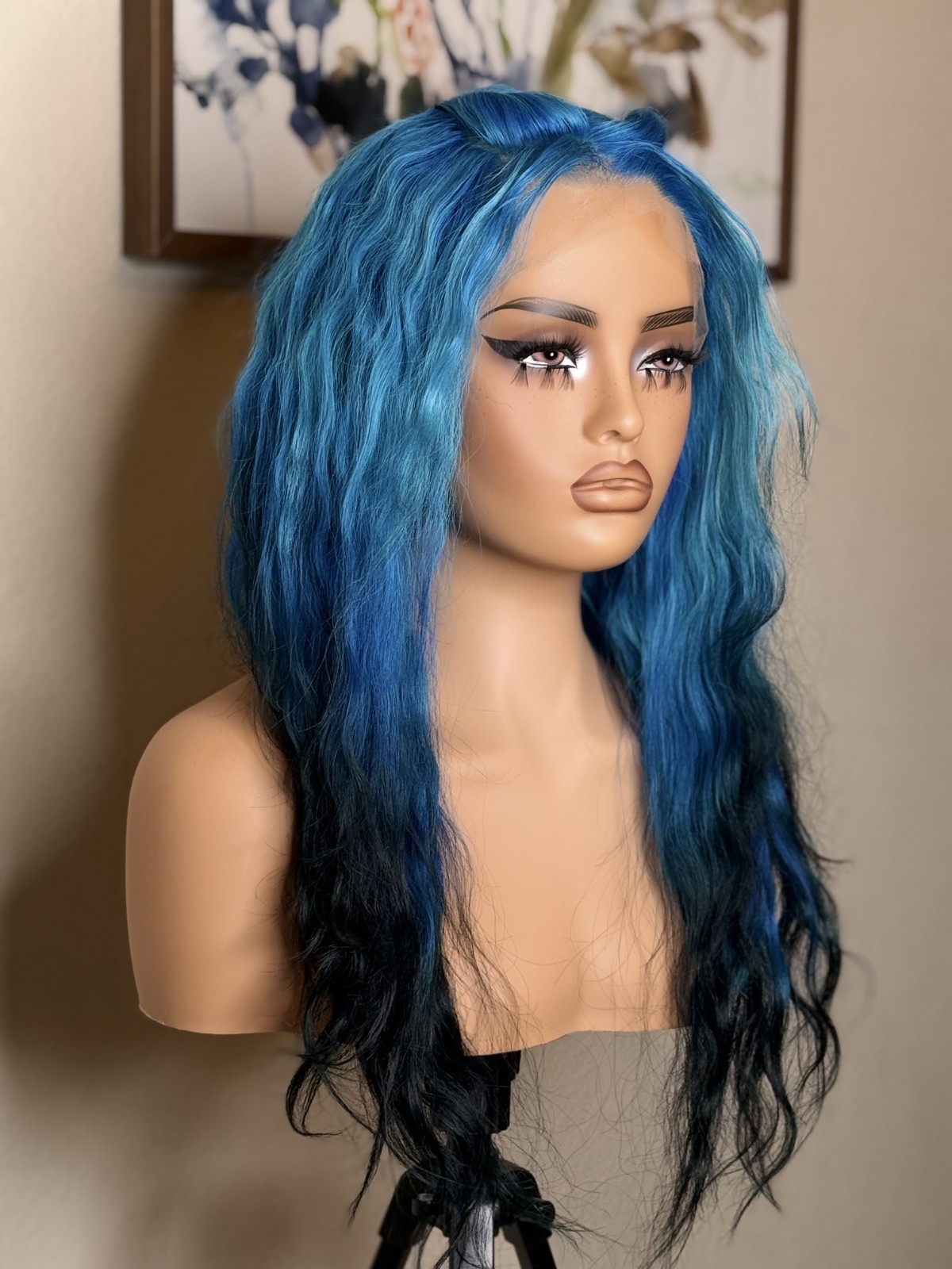 Ava 18″ Blue Black Ombre Body Wave Human Hair Unit Lace Closure Wig Frontal