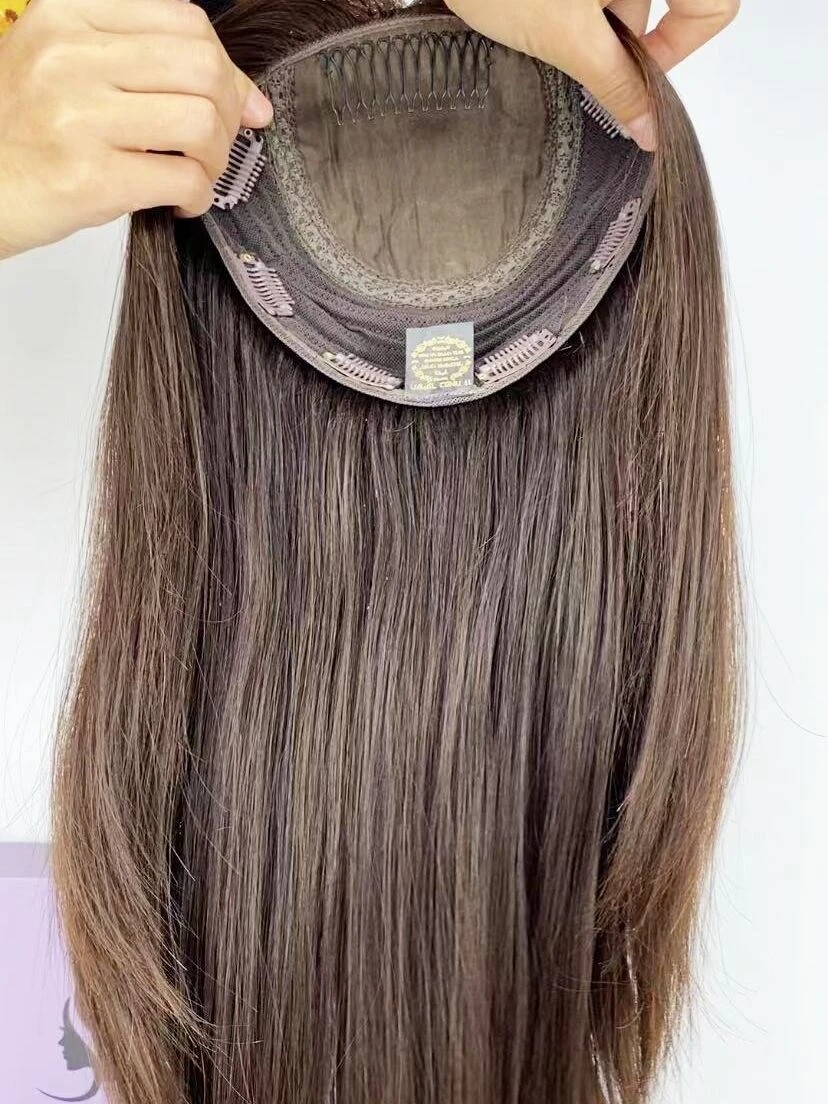 Brown Virgin Human Hair Jewish Topper Silk Base Kosher Sheitel HairPiece Women