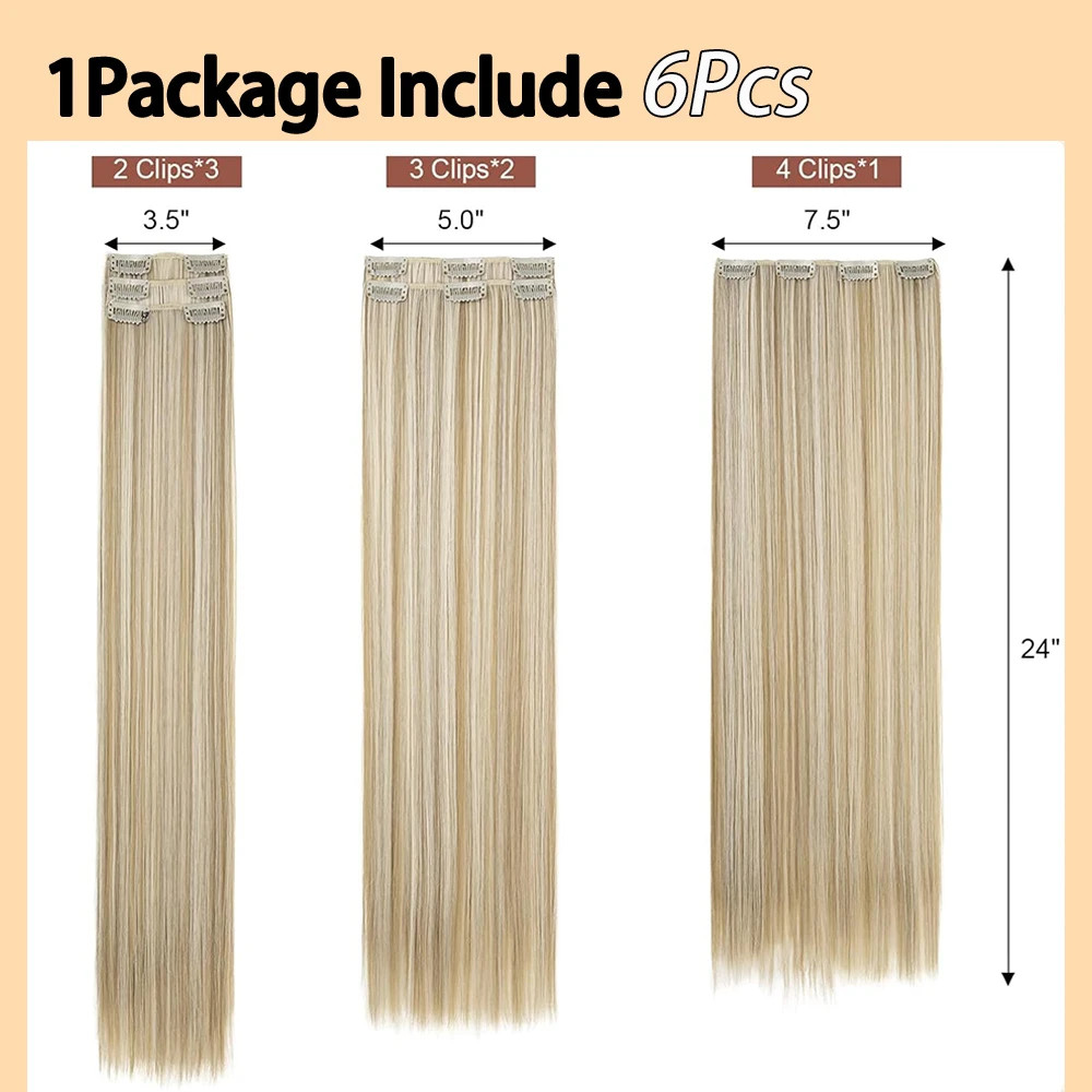 6Pieces/Set Clips in Hair Extensions 24 Inch Synthetic Long Straight Extensions