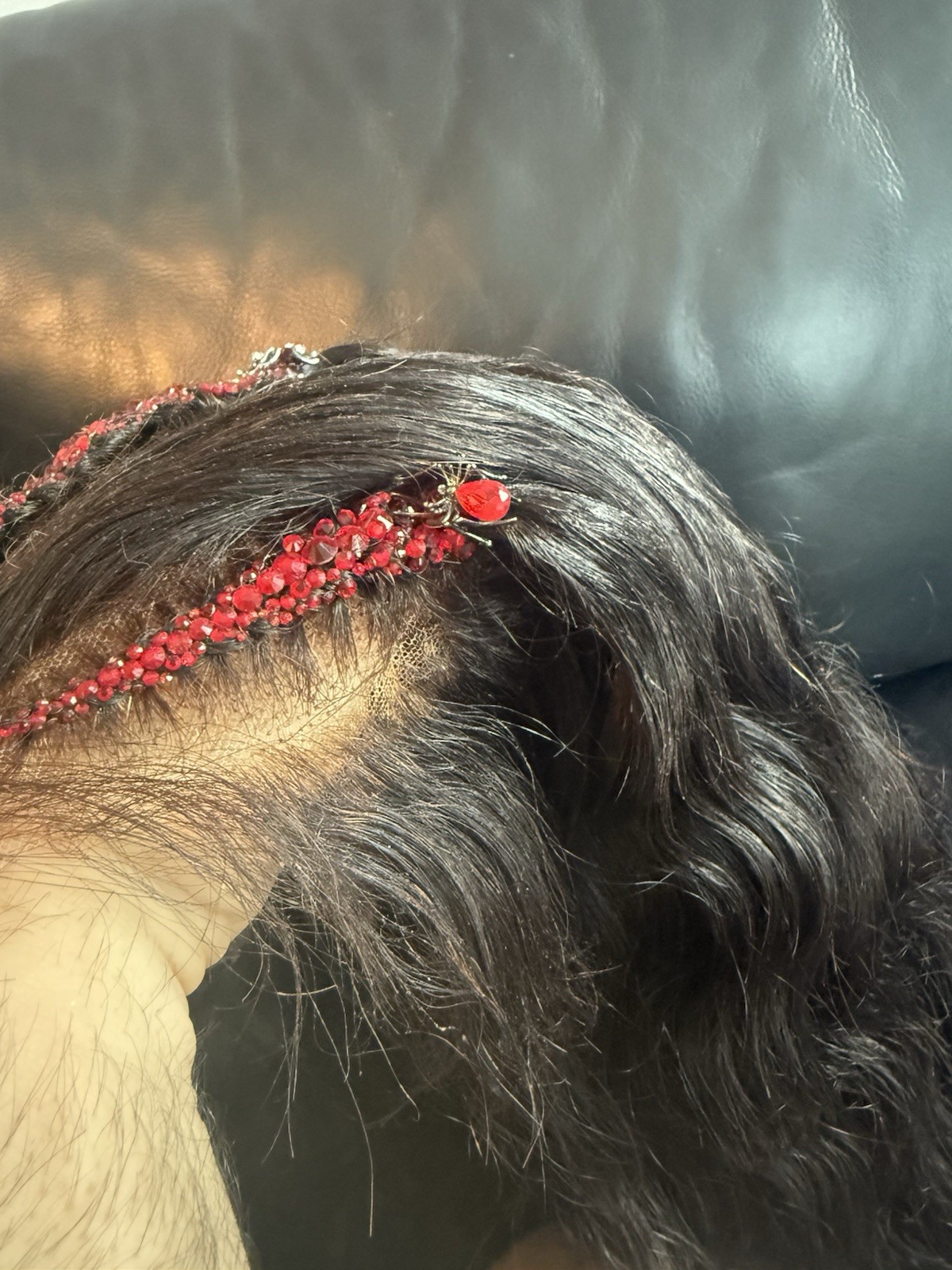 Custom styled human hair wig worn once. 13×6,30 in. w braids, crystals & spiders