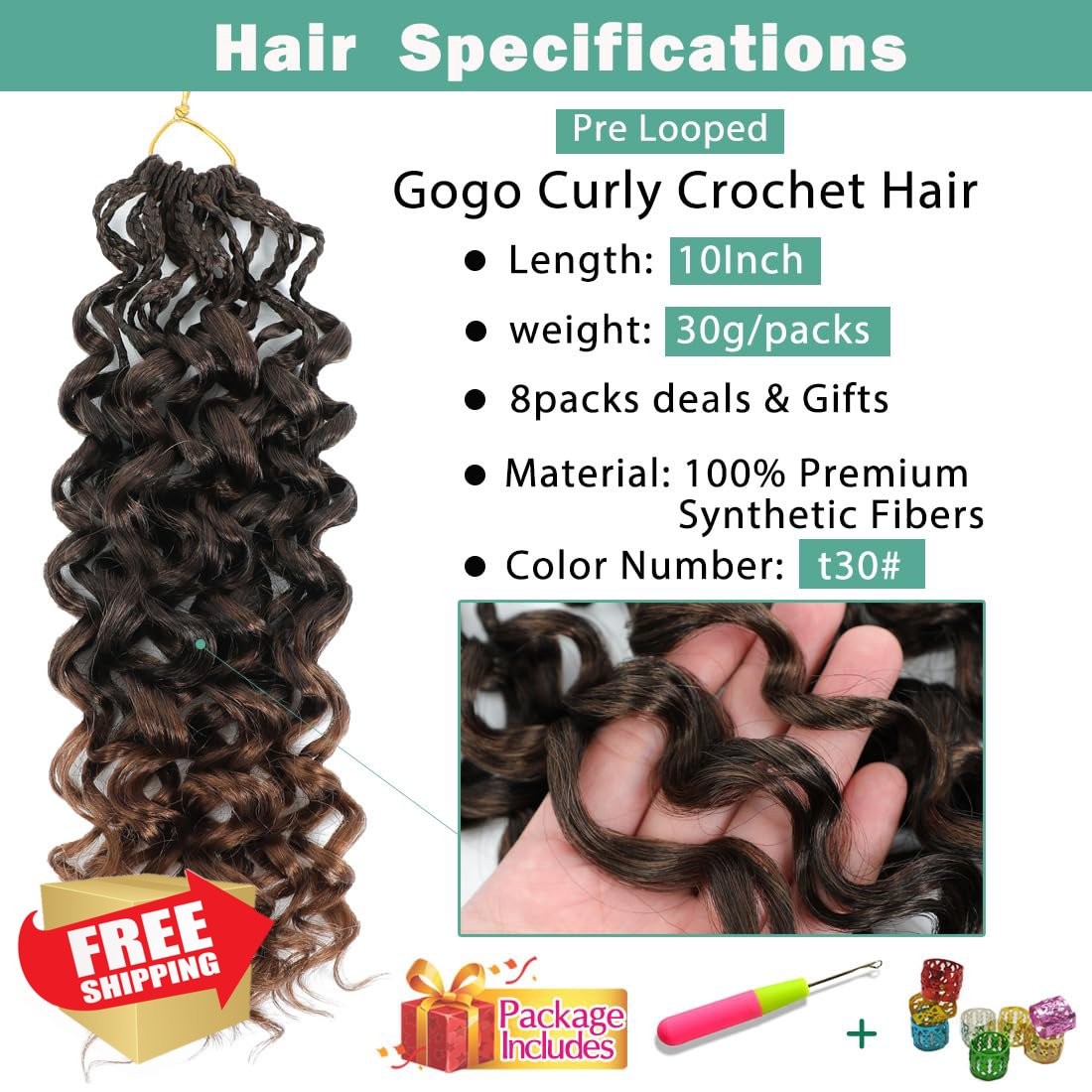 Agstgla 8pk 10 Inch Crochet Hair T30# Curly
