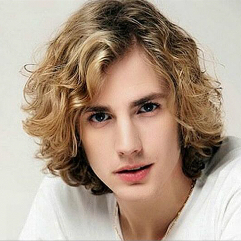 New Wigs for Men Long Curly Wave Blond Heat Resitstant Synthetic Side Bang Hair