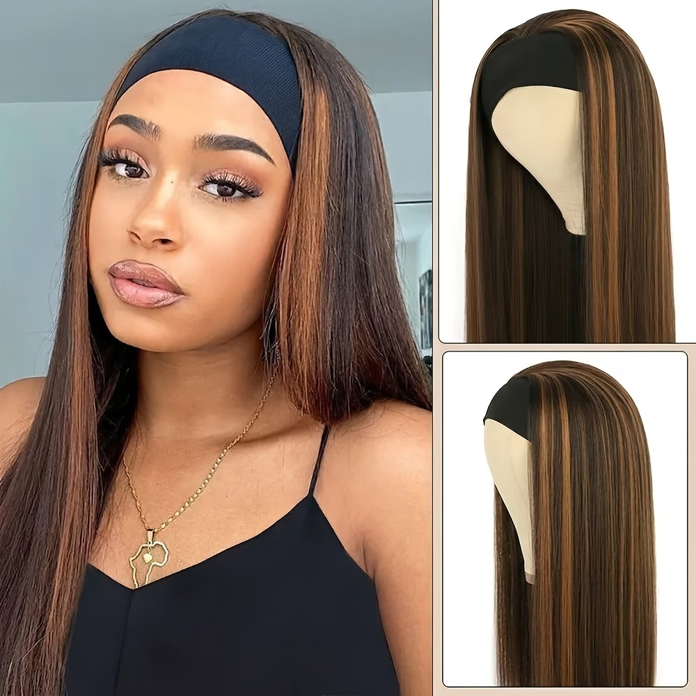 26″ Long Straight Headband Wig Brown Blonde Mixed Color Synthetic Hair Glueless