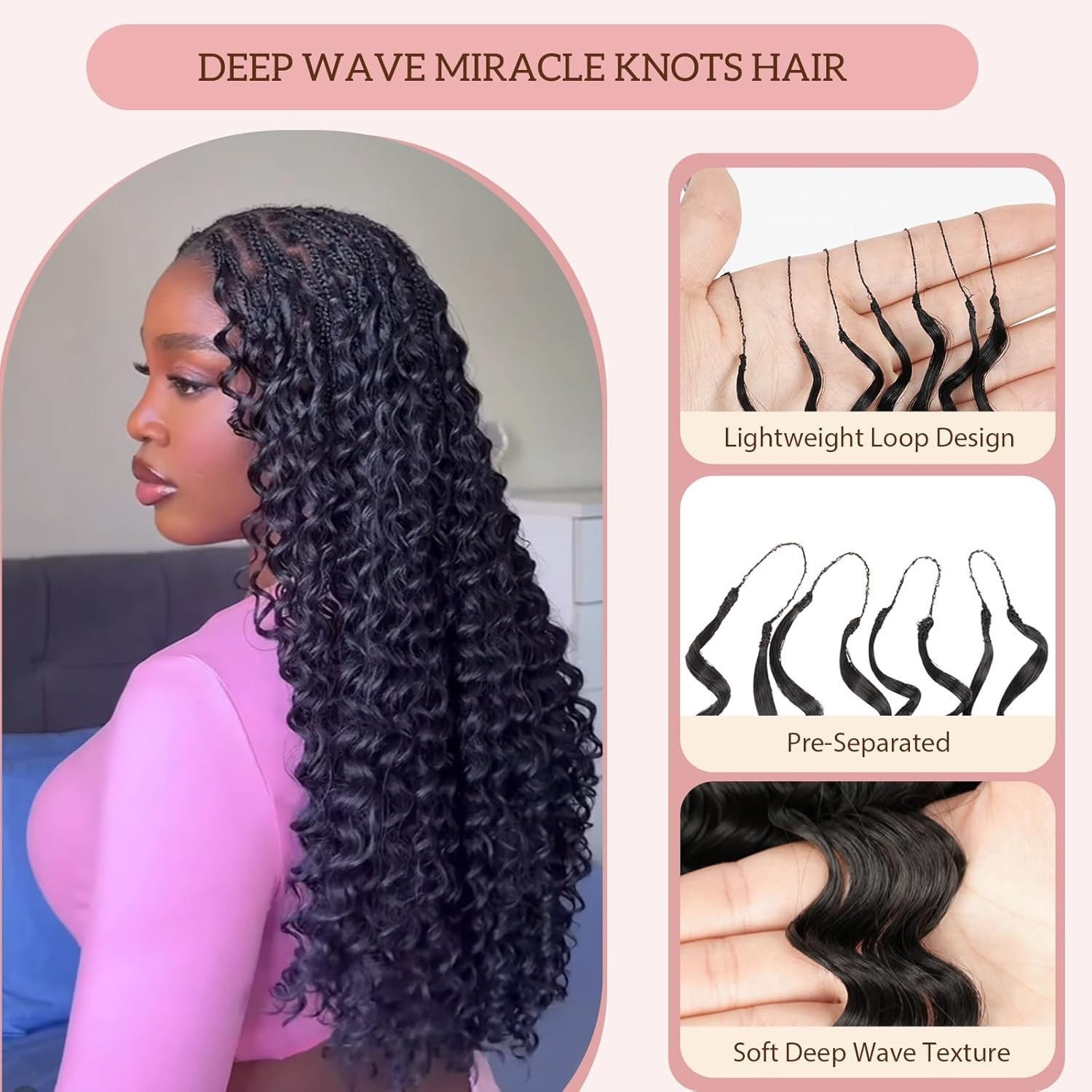 18″ 100 Strands Feather Crochet Hair, Miracle Knots, Deep Wave, FREE SHIP!