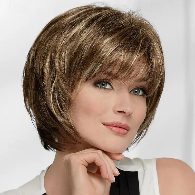 Honey Drizzle Layered Short Bob Cut Hair Blend Heat Ok Wigs Women Wigs