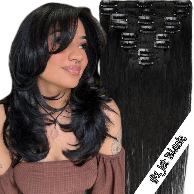 Real Soft Clip In Hair Extensions Remy 100% Human Hair Weft Full Head 8PCS Blond