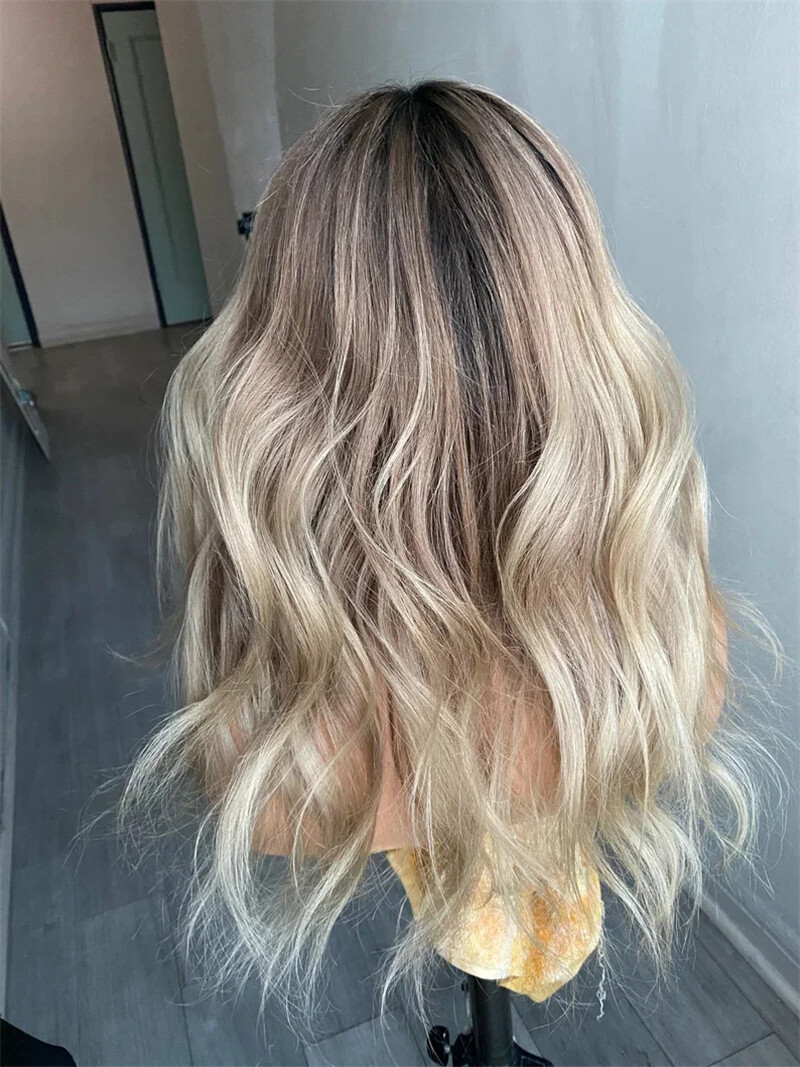 Ash Brown Platinum Blonde Ombre Lace Front Wigs Natural Wave Remy Human Hair Wig