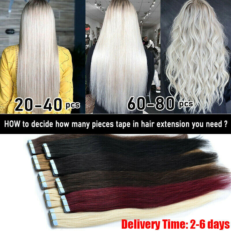 Tape In Real Human Hair Extensions Invisible Glue Skin Wefts Full Head Remy Hair