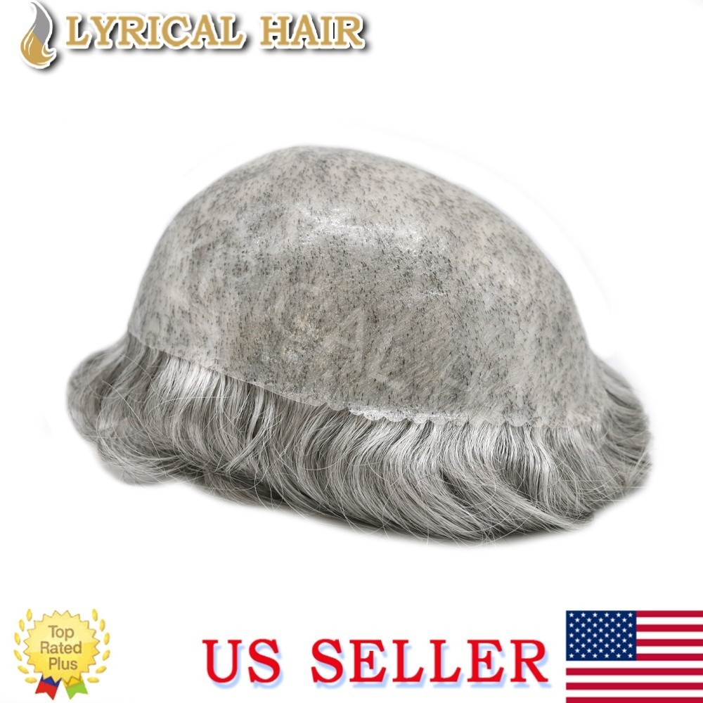 All Poly Mens Toupee Human Hair Replacement System Skin PU Grey Brown Hairpiece