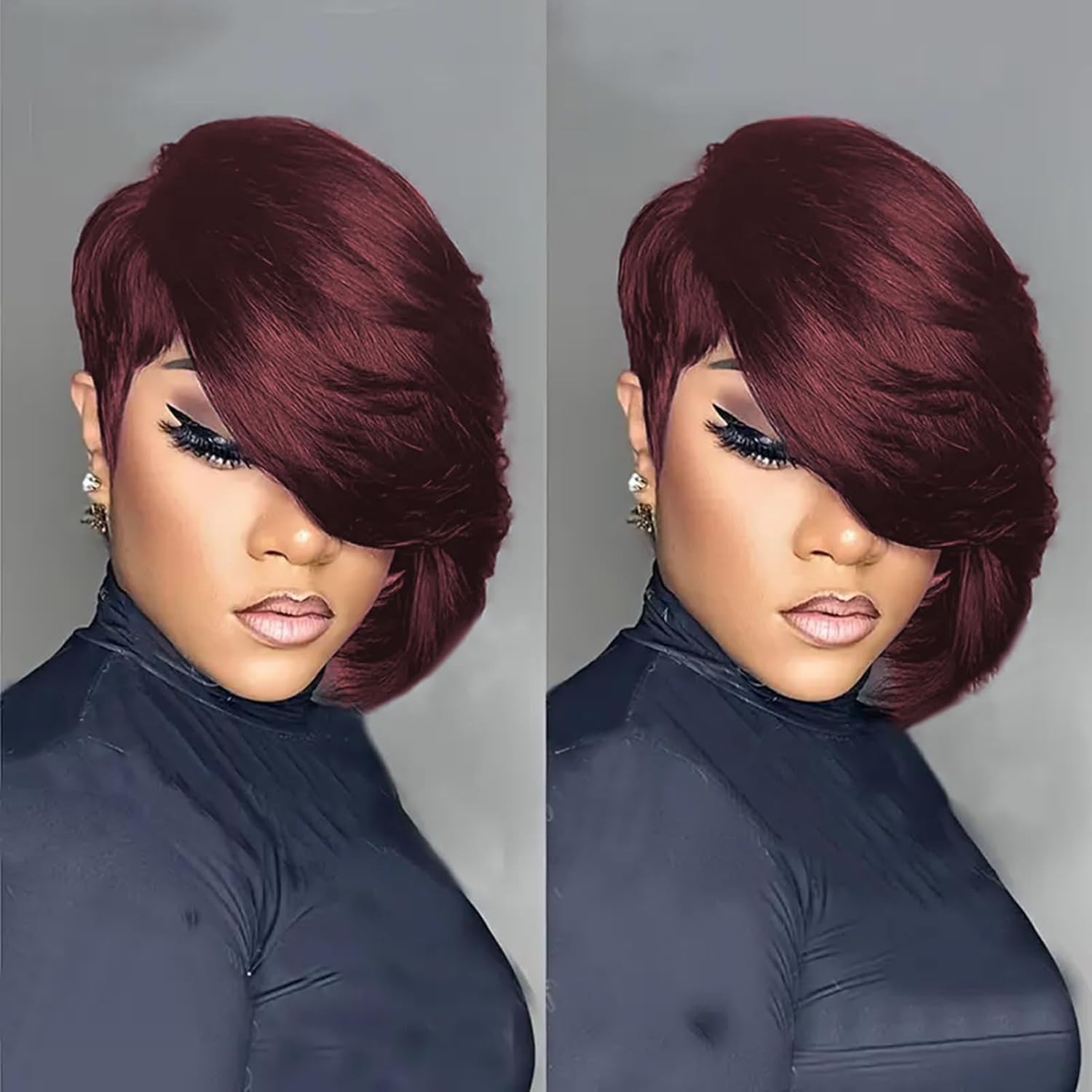 Pixie Cut Wig Human Hair Burgundy Short Layered No Lace for Daily Use