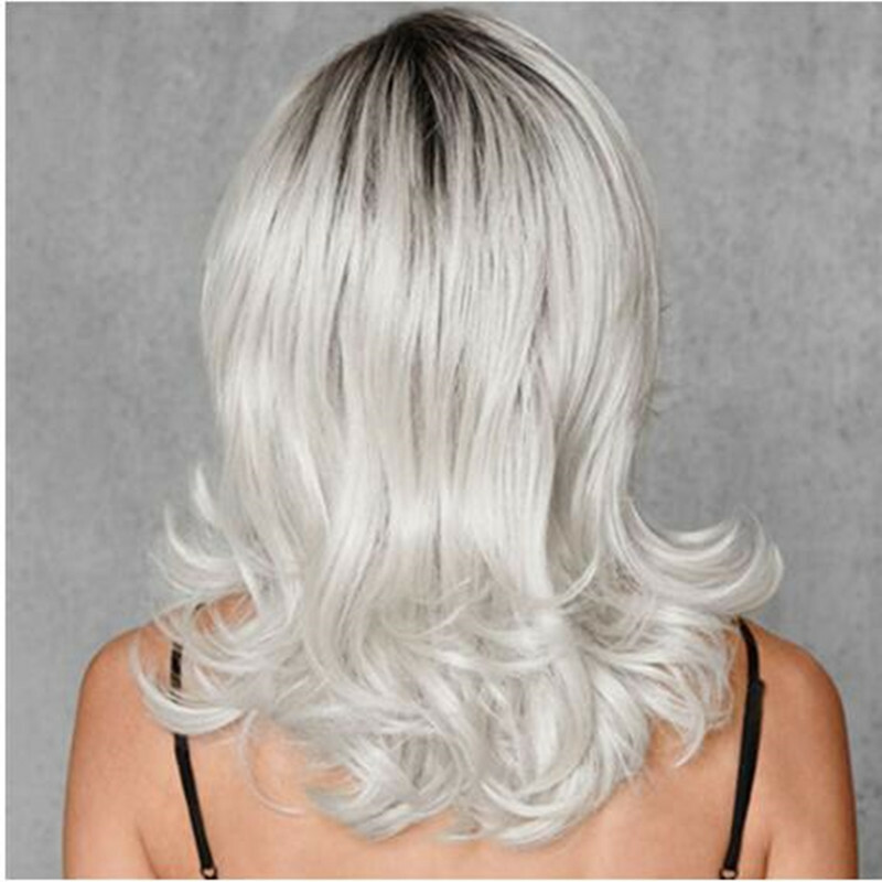 Ash Gray to Silver White Ombre Wavy Curly Blonde Wig Shoulder Length Women Hair