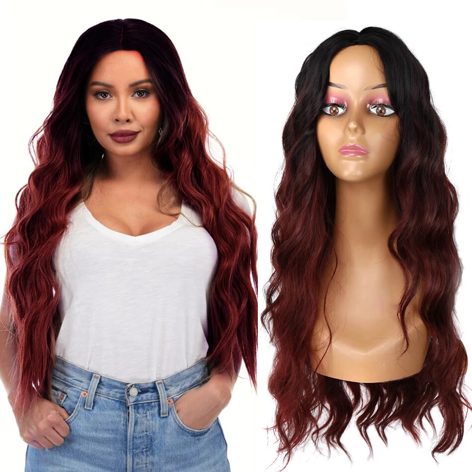 Long Ombre Black root Burg Wavy Synthetic Hair Wig Cos Glueless Wig Heat Safe