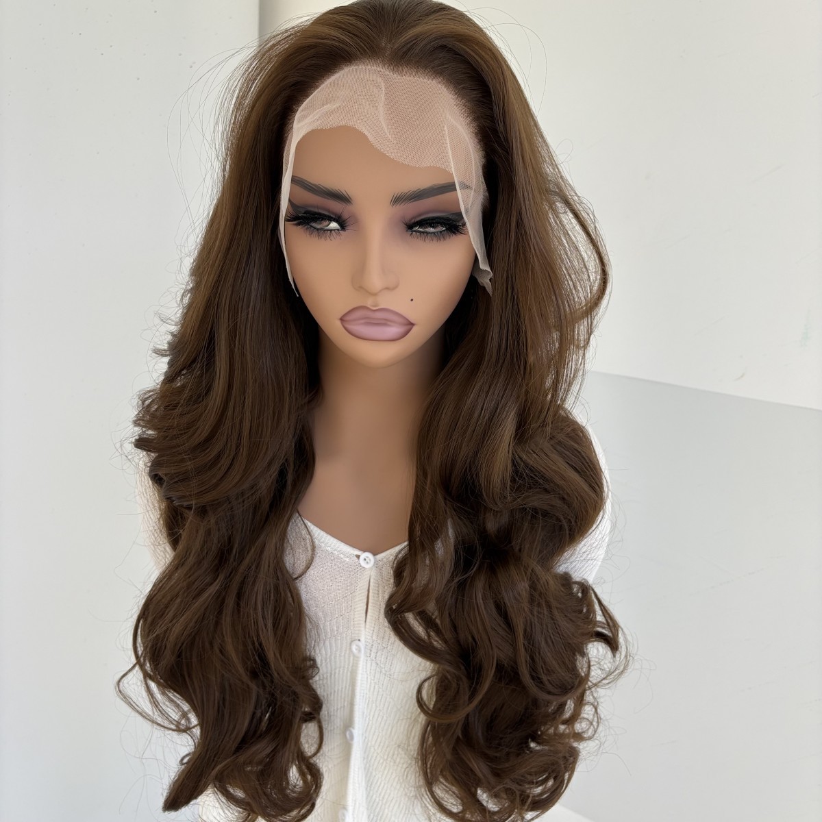 Lace Frontal Wigs Heat Resistant Synthetic Hair Long Wavy Light brown