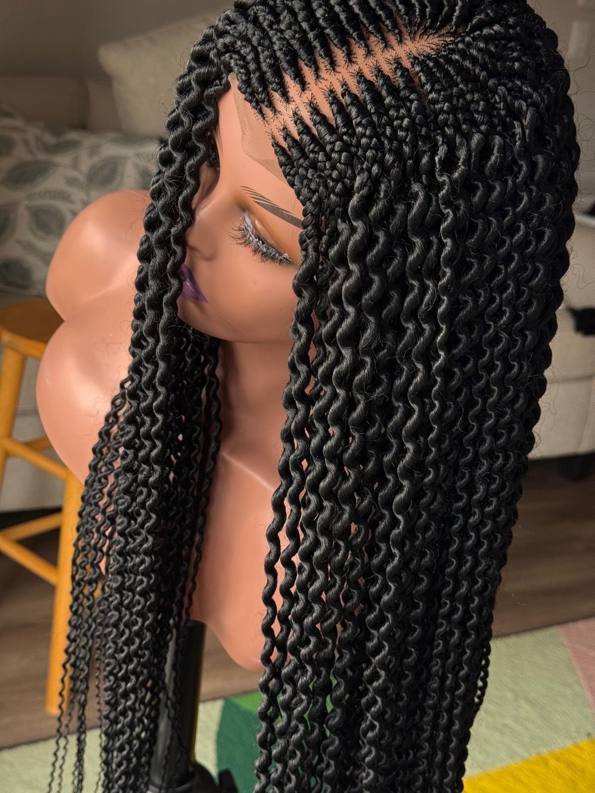 Goddess Boho Watermelon Braids Wig Curly Ends Black Lace Front Natural Scalp Wig