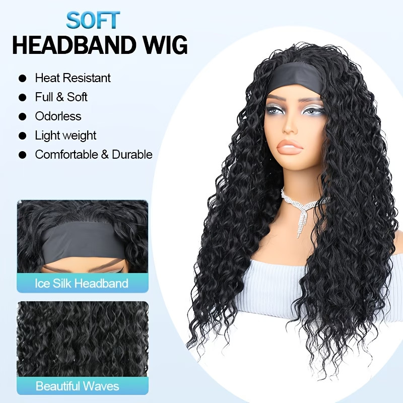 Water Wave Headband Wig with Pre-Attached Scarf – Curly Deep Wave No Lace Front