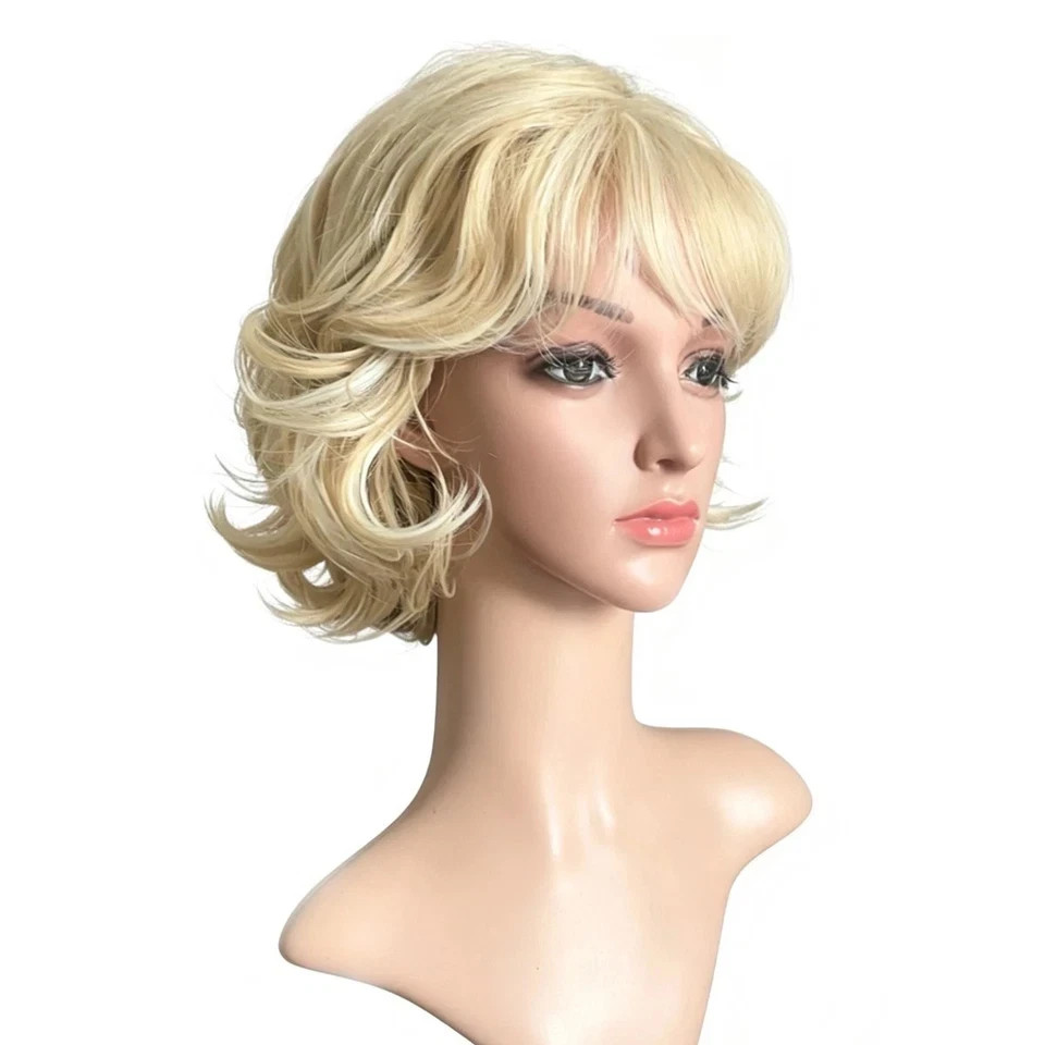 6 Inch Short Layered Wavy Bob Wig for Women, Pale Blonde Synthetic