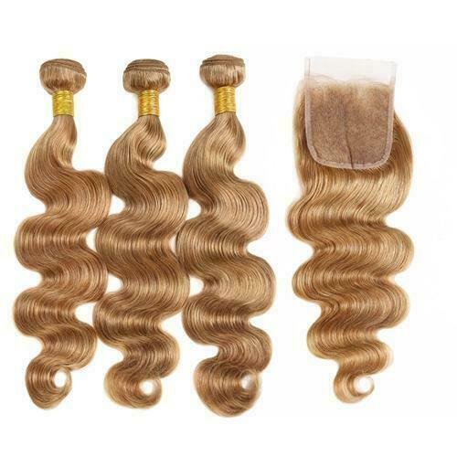 12A BRAZILIAN HUMAN HAIR WEFT 3/4BUNDLES+LACE CLOSURE HONEY BLONDE 27# BODY WAVE