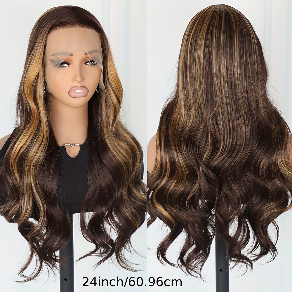 Long Wavy Wig Ombre Highlight Brown Blonde Synthetic Lace Front Wigs Pre Plucked