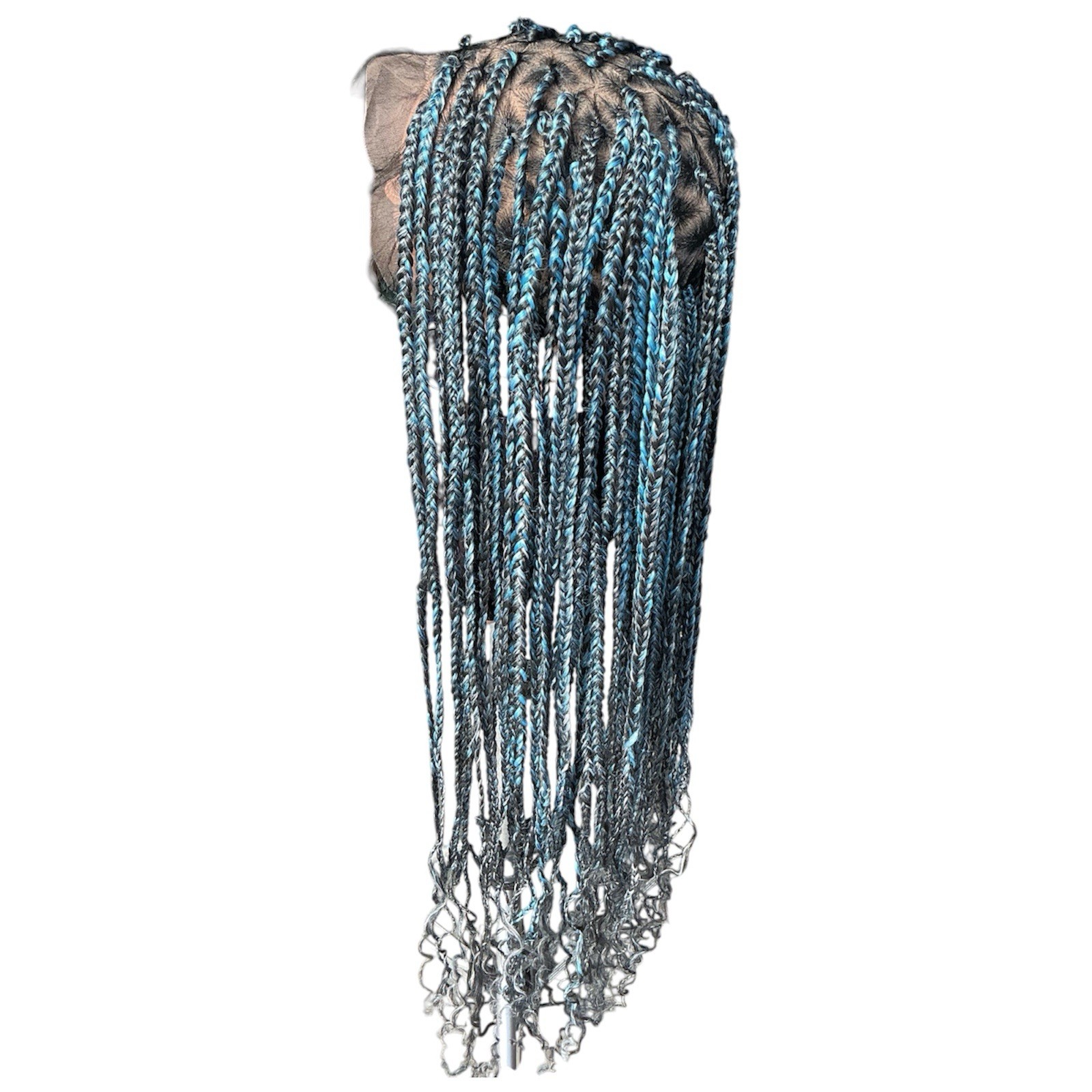 Handmade Black Blue Silver Long Curly Ends Braided Lace Front Wig 31-40in
