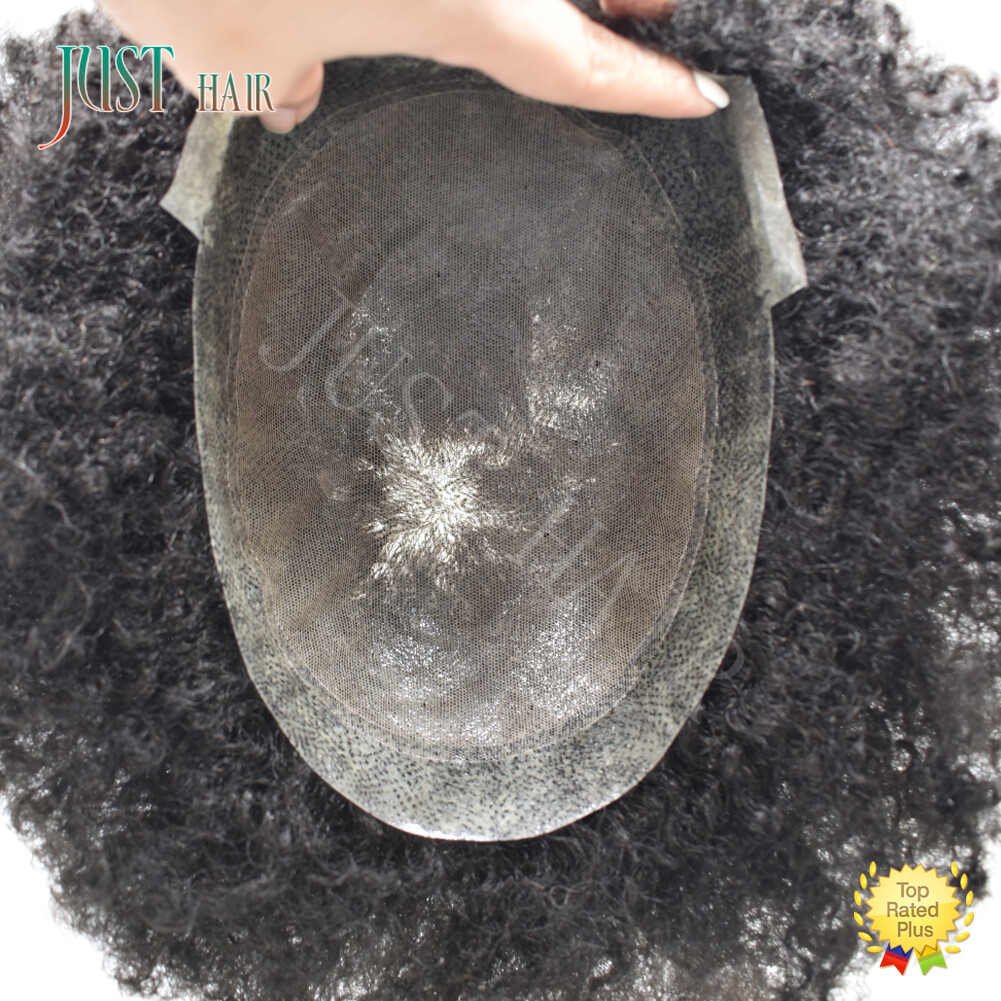 Black Afro Curl Mens Toupee Breathable Lace Poly PU African American Hair System