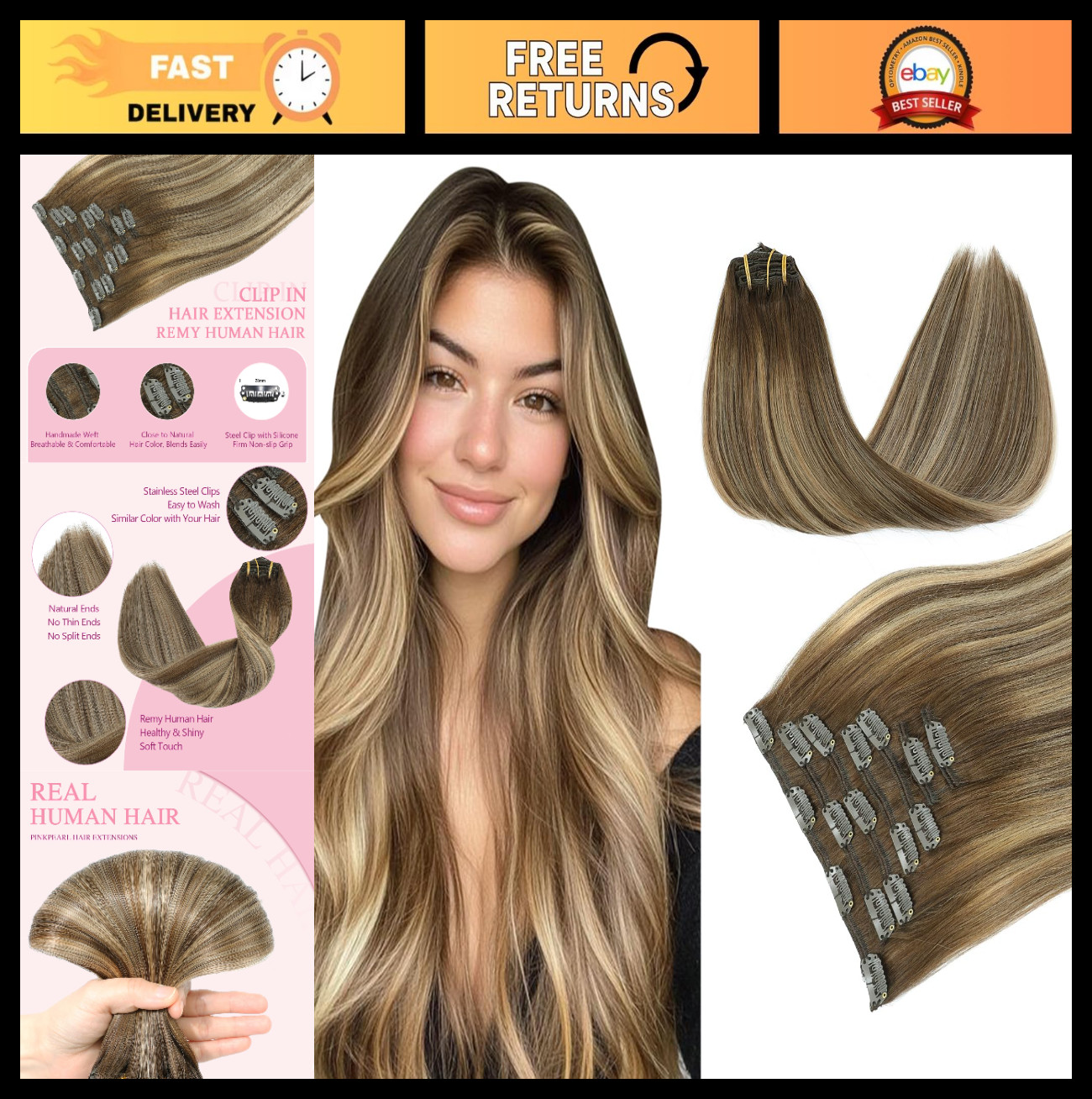 Clip-In Human Hair Extensions 20″ 120g Balayage #4/27/4 Chocolate Brown to Caram