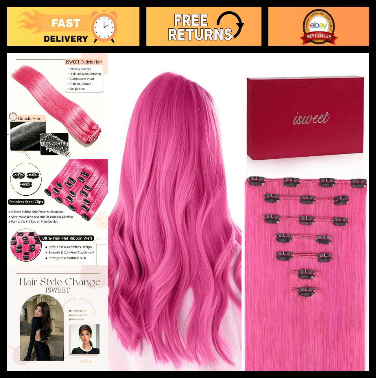 20″ 110g Pink Clip-In Hair Extensions, Real Remy Human Hair, Soft & Invisible, 7