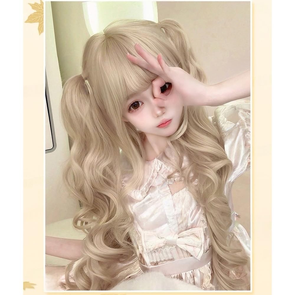 Japanese Lolita Wig Long Curly Ponytail Blonde Hair Cosplay Costume