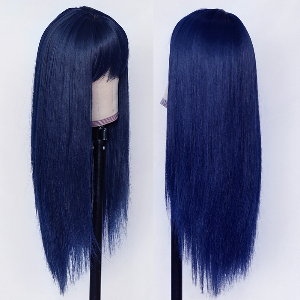 Women Full Neat Bangs Synthetic No Lace Wig Long Straight Heat Resistant Natural