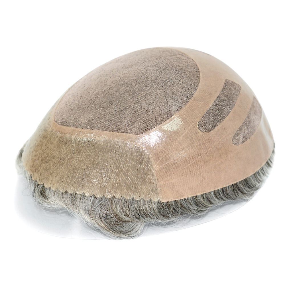 Mens Human Hair Replacement Systems Fine Mono Toupee Bond Grey Hairpieces #365