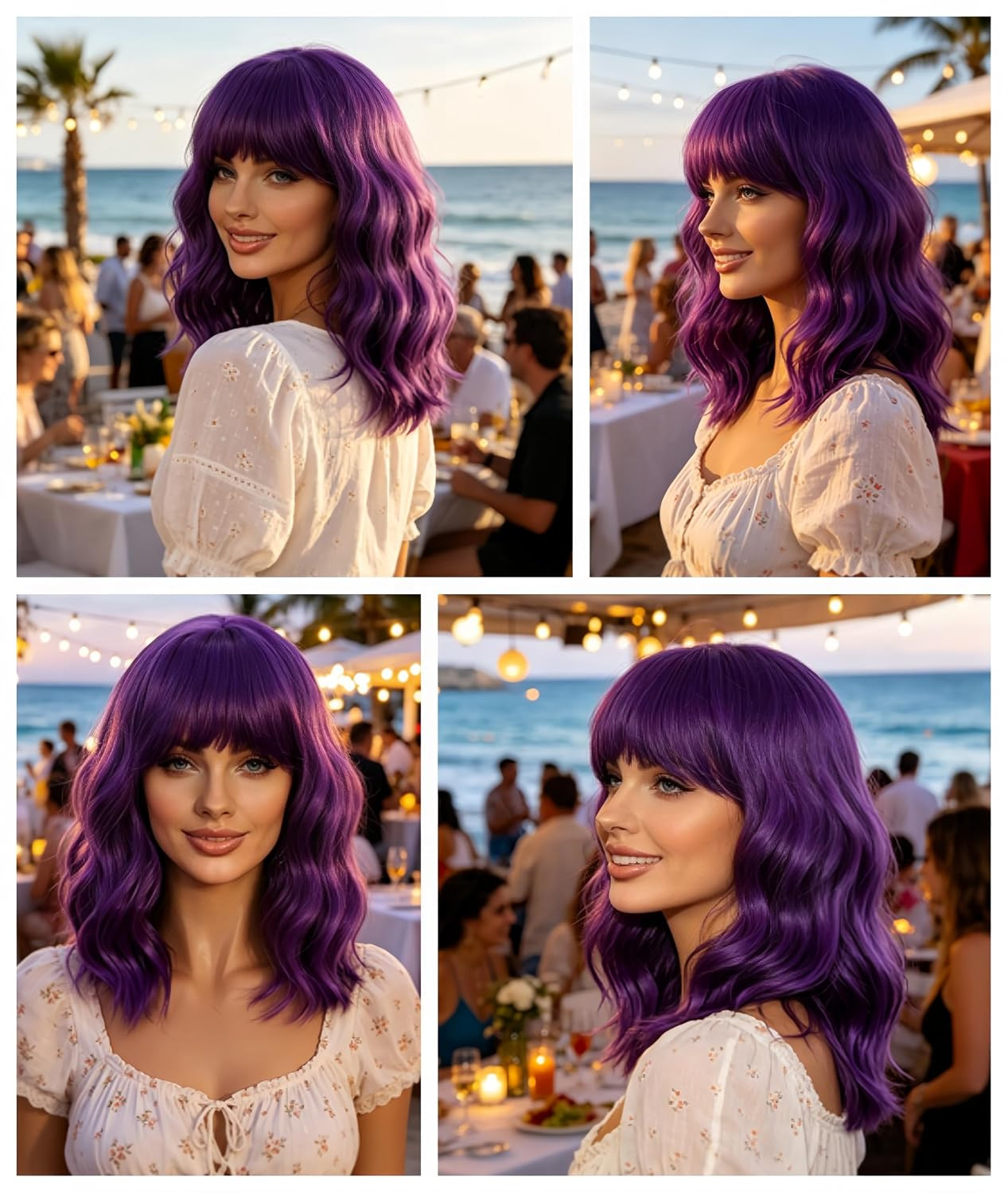 Dark Purple Wigs with Bangs for Women 14 Inch Short Wavy Bob Wigs Synthetic Bob