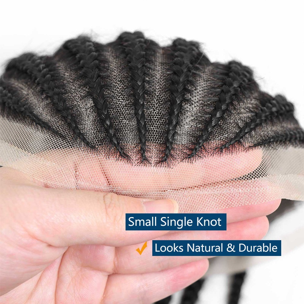 Cornrow Box Braided Afro Toupee Black Men Full Lace Human Hair Systems Male Unit