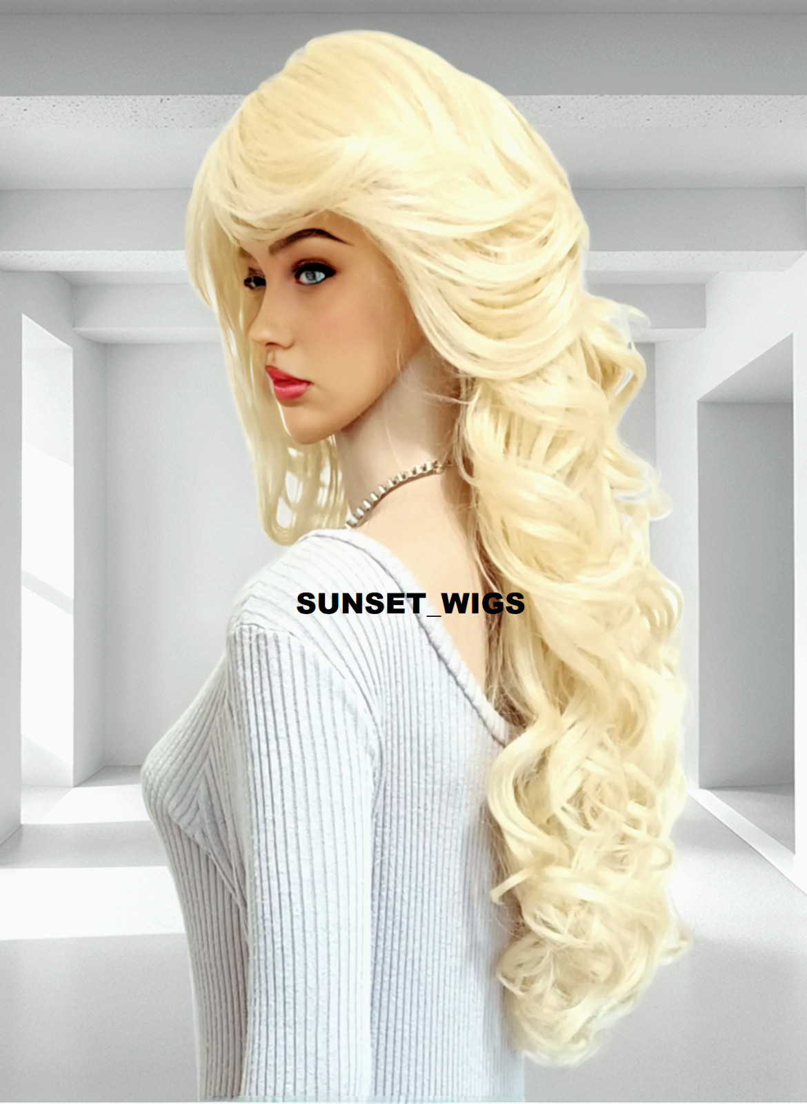 34″ FULL WIG LONG WAVY LAYERED SIDE SKIN PART BLEACH BLONDE HEAT OK NEW