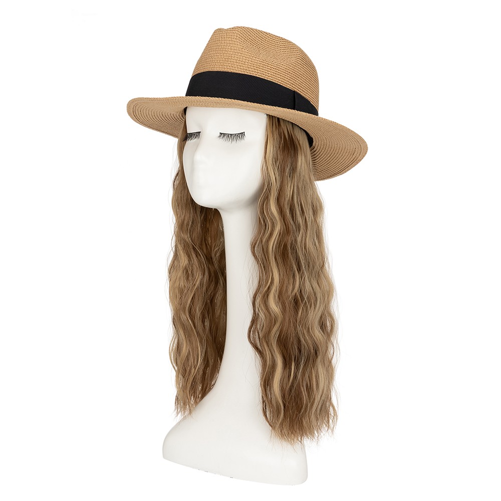 Long Wave Sun Hat Wig with Synthetic Hair Adjustable Straw Beach Cap For Women