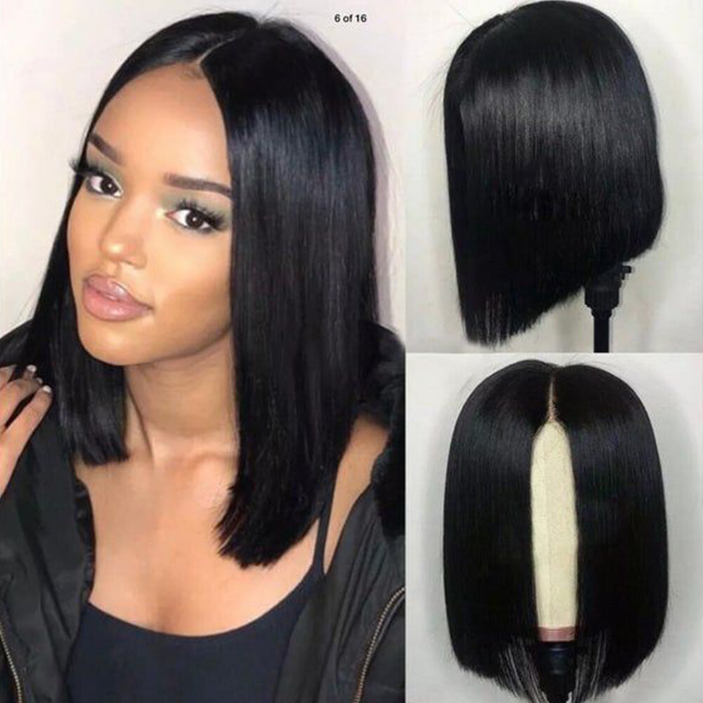 Heat Resistant Short Bob Synthetic Lace Front Wigs Glueless Black Straight Hair