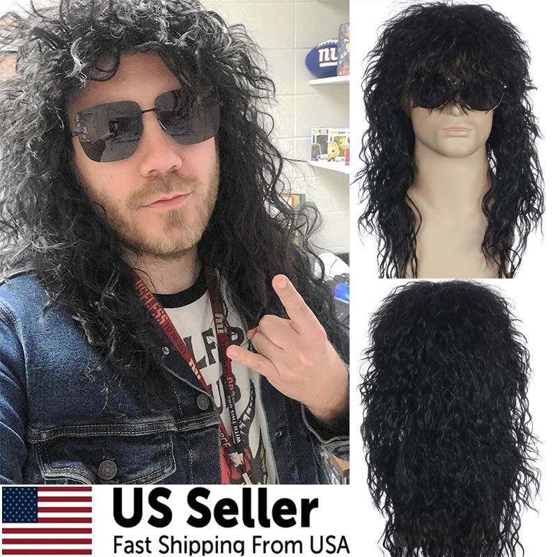 Men 80s Black Mullet Wigs Male Hair Punk Heavy Metal Rocker Wig Ideal for Party