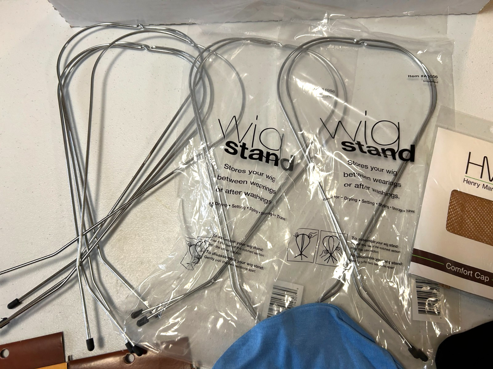 New Lot of 4 Metal Wig Stands and some Comfort Caps & Hair Care Cloth Caps