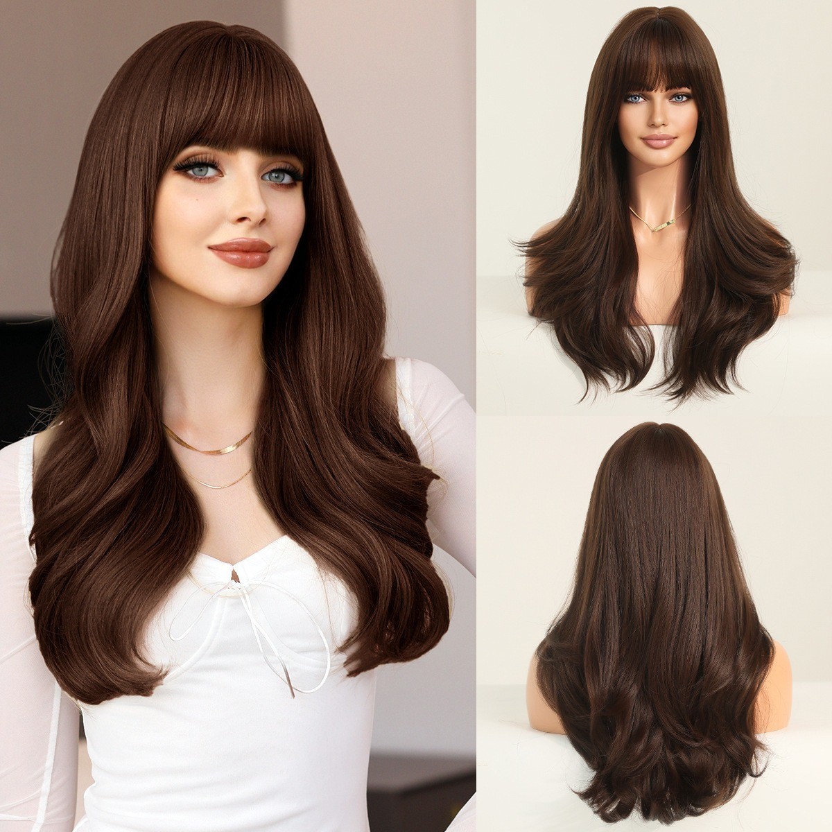 The lady has naturally long golden hair and is wearing a synthetic blonde wig