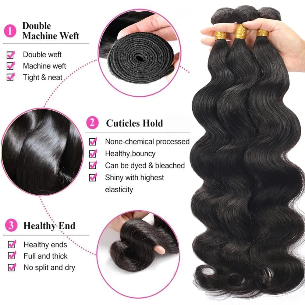 100G Thick Brazilian Black Human Hair Body Wave 1-3 Bundles Extensions Full Head