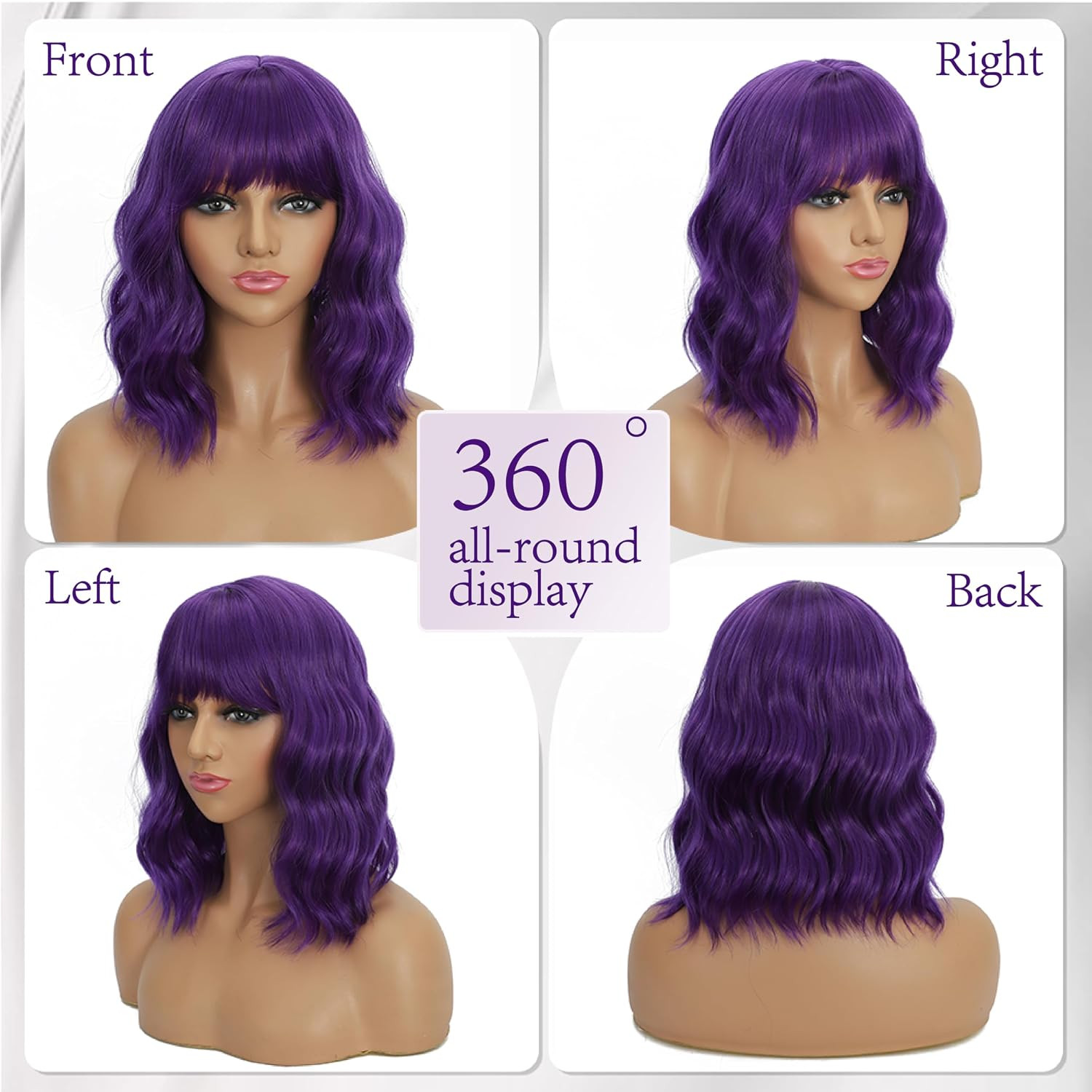 Dark Purple Wigs with Bangs for Women 14 Inch Short Wavy Bob Wigs Synthetic Bob