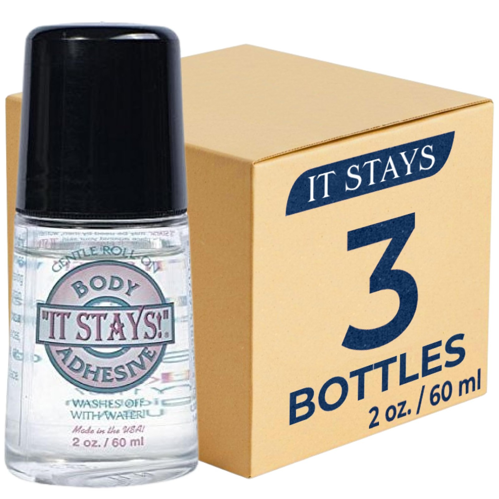 It Stays! Roll-On Body Fixative Glue 2 oz Adhesive Made USA 3 Bottle Pack