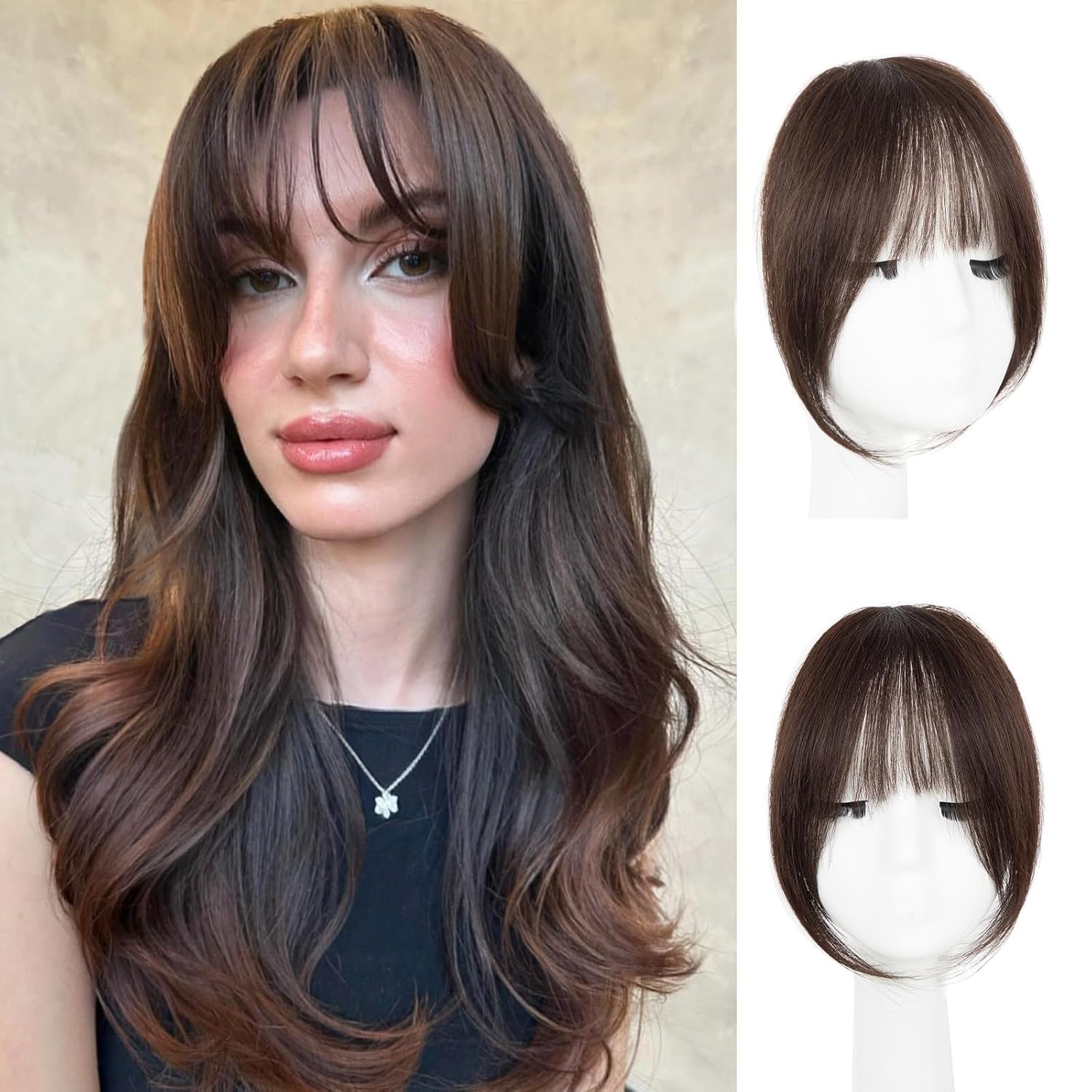 Dark Brown 100% Real Human Hair, Clip On French Curved Curtain Bangs Hairpieces